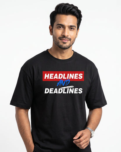 Headlines And Deadlines- Black Round Neck Journalism T-shirt