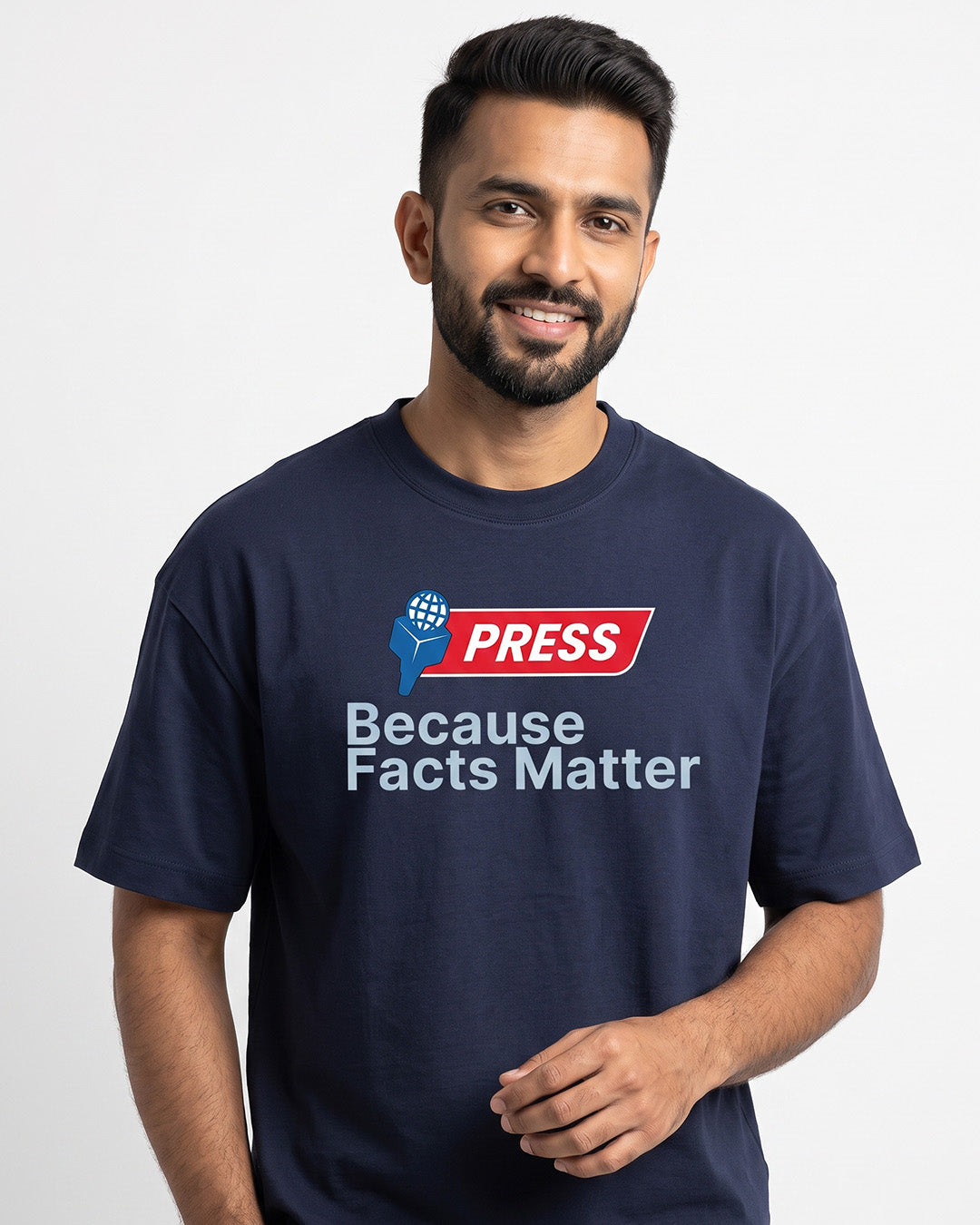 Press Facts- Navy Blue Round Neck Journalism T-shirt