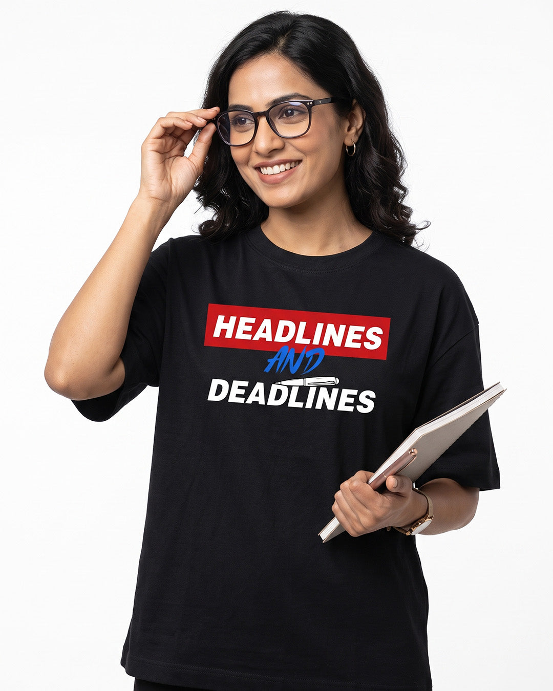 Headlines And Deadlines- Black Round Neck Journalism T-shirt