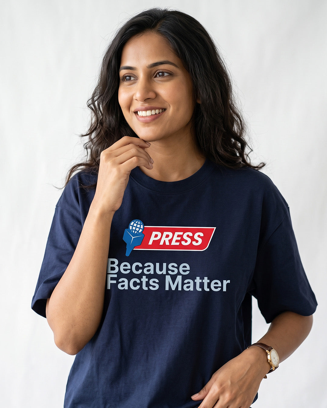 Press Facts- Navy Blue Round Neck Journalism T-shirt