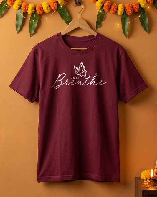 Just Breathe- Maroon Round Neck Yoga T-shirt