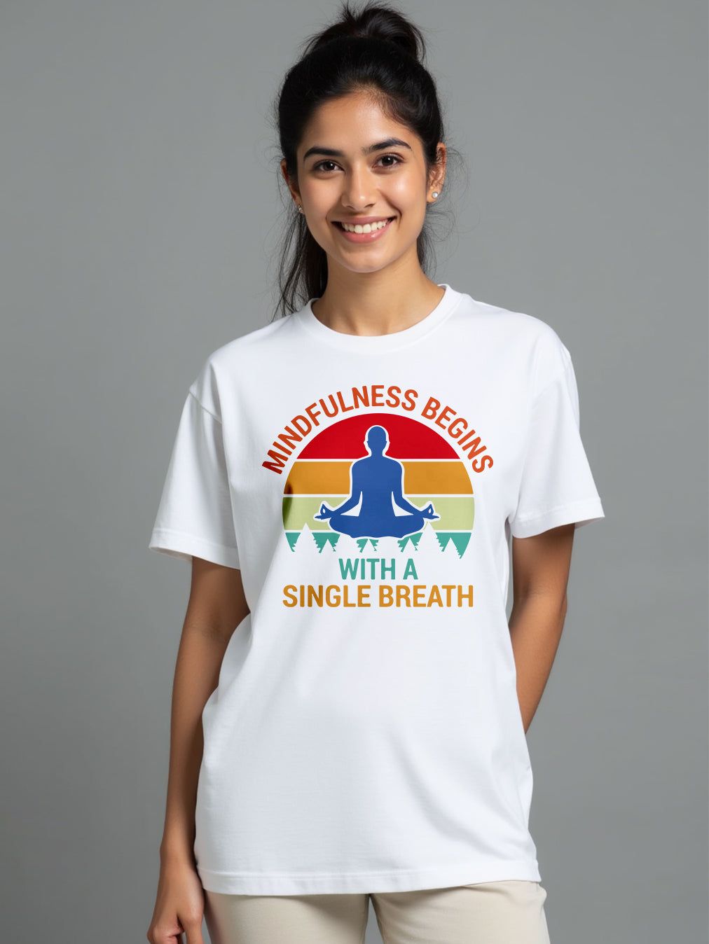 Mindfulness - White Round Neck Yoga T-shirt