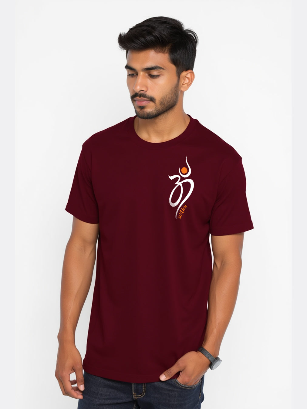 Om Within- Maroon Round Neck Yoga T-shirt