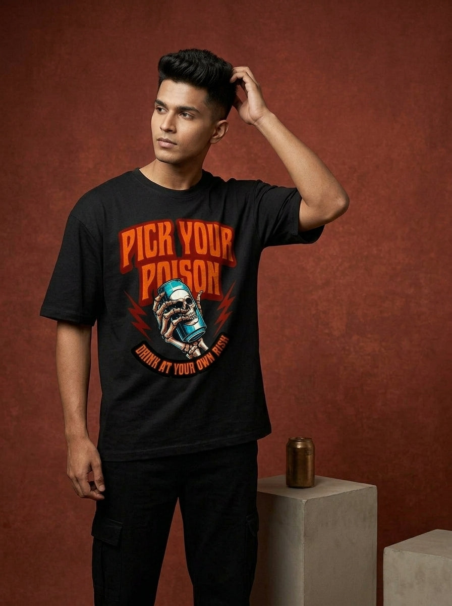 Pick Your Poison- Black Round Neck Oversized Graphic T-shirt