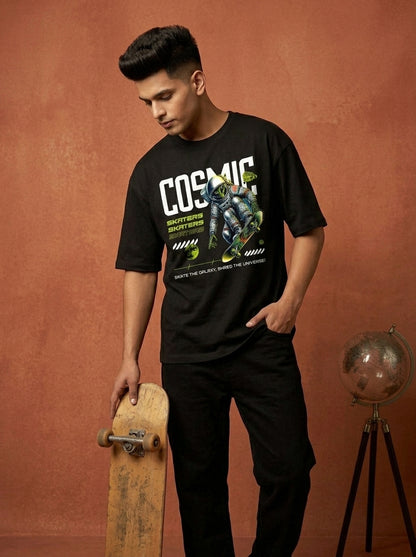 Cosmic Skater- Black Round Neck Oversized Graphic T-shirt