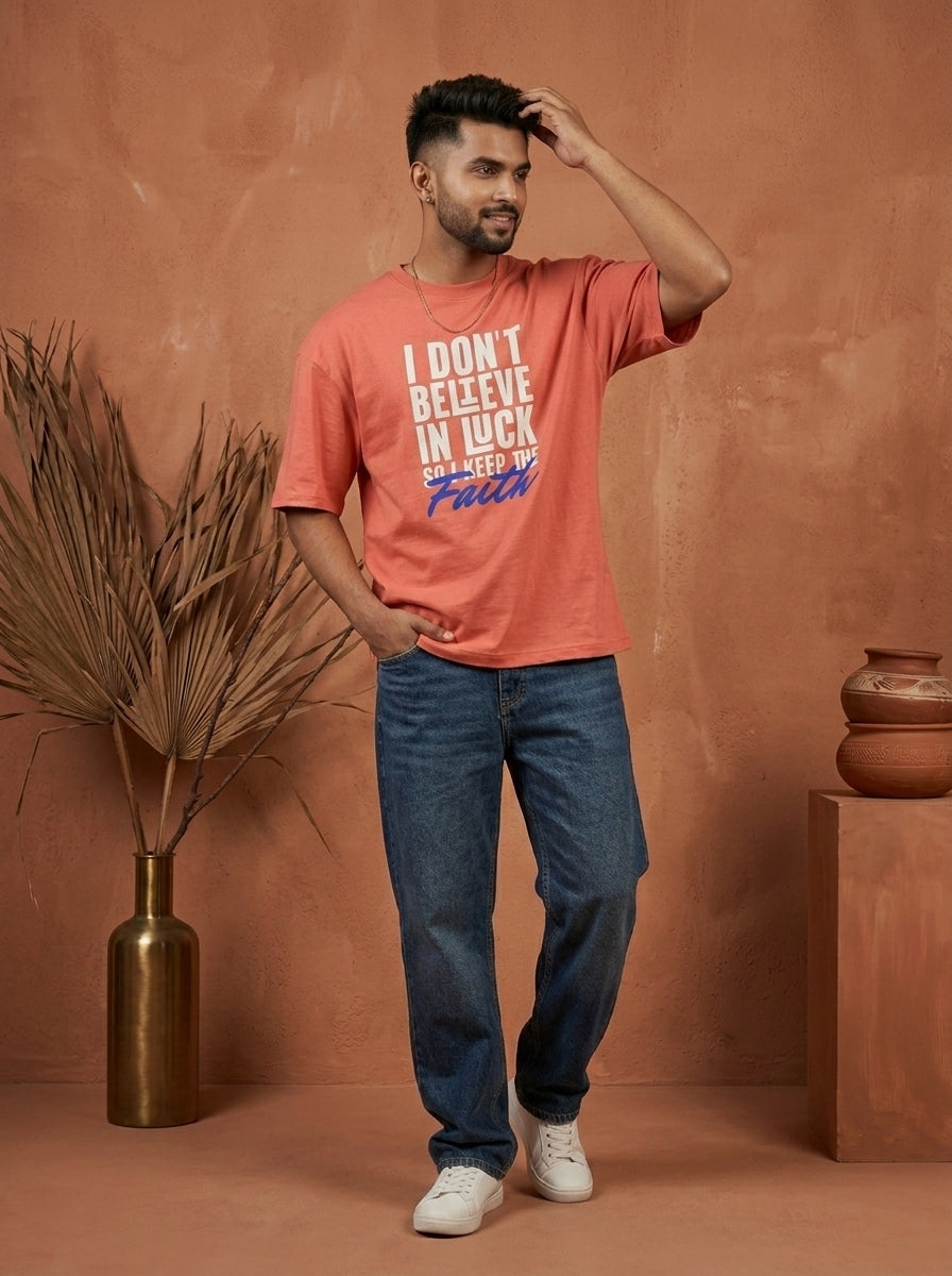 Keep The Faith - Coral Round Neck Oversized Graphic T-shirt