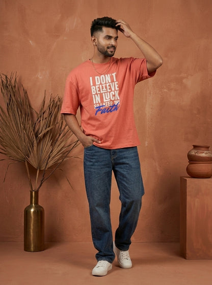 Keep The Faith - Coral Round Neck Oversized Graphic T-shirt
