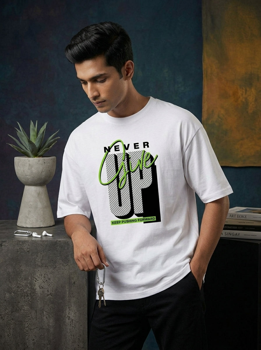 Never Give Up - White Round Neck Oversized Graphic T-shirt
