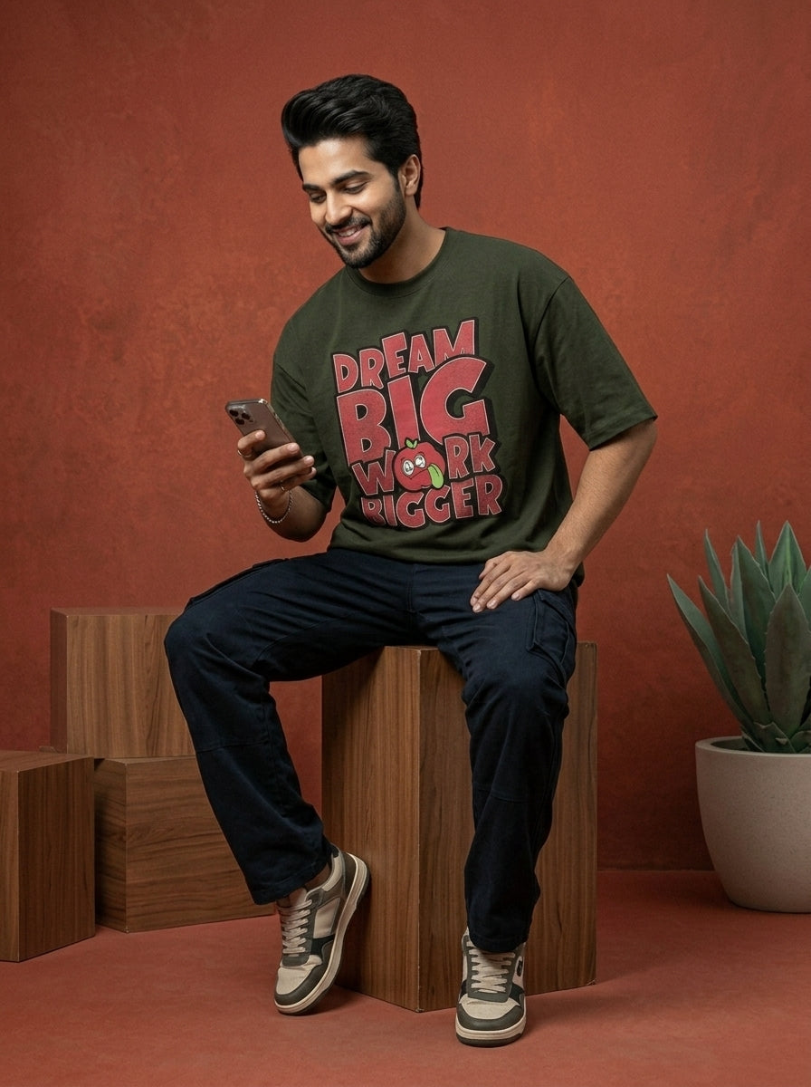 Dream Big- Olive Green Round Neck Oversized Graphic T-shirt