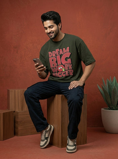 Dream Big- Olive Green Round Neck Oversized Graphic T-shirt