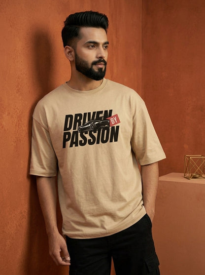 Driven By Passion - Beige Round Neck Oversized Graphic T-shirt