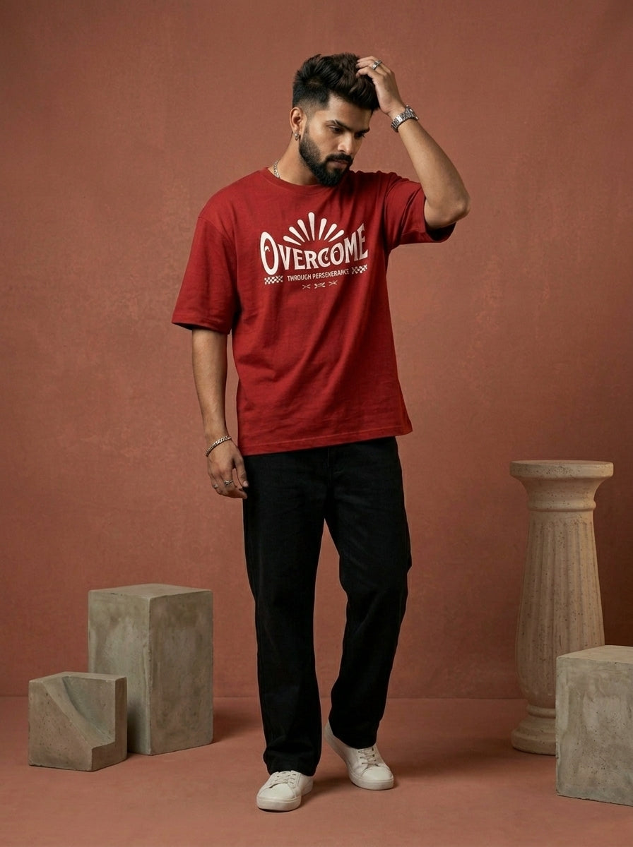 Overcome - Red Round Neck Oversized Graphic T-shirt