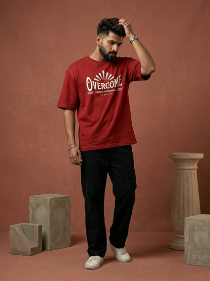 Overcome - Red Round Neck Oversized Graphic T-shirt