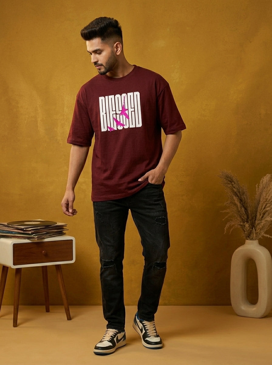 Blessed - Maroon Round Neck Oversized Graphic T-shirt