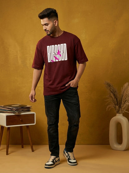 Blessed - Maroon Round Neck Oversized Graphic T-shirt