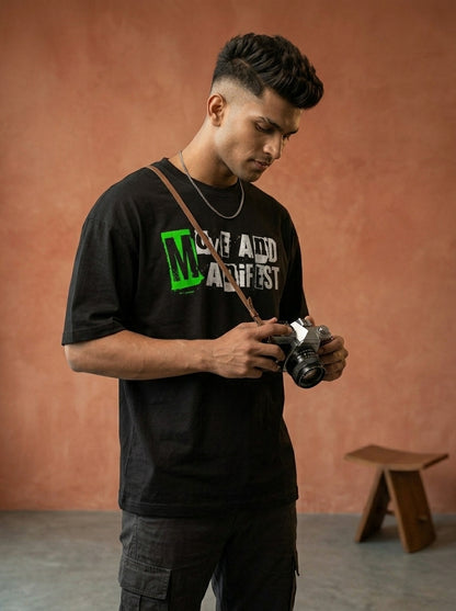 Move And Manifest- Black Round Neck Oversized Graphic T-shirt