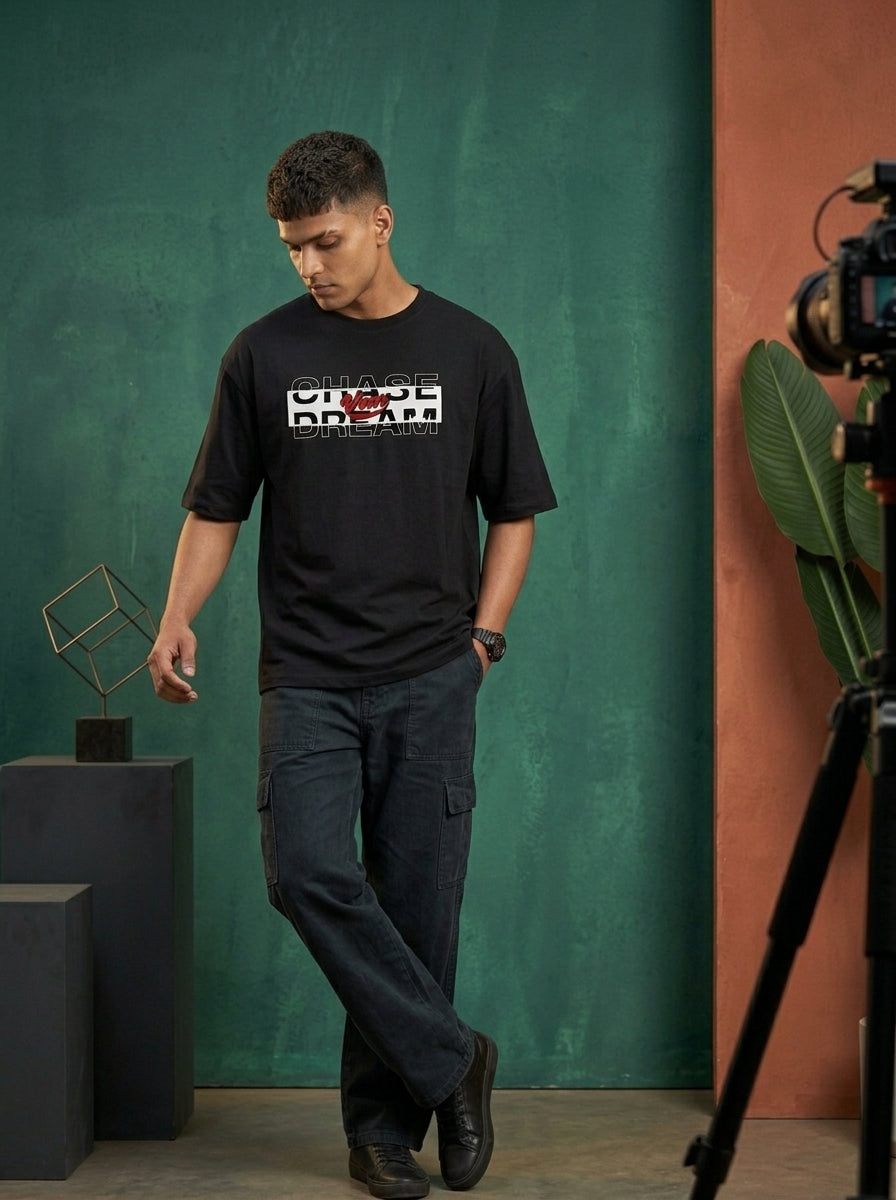 Chase Your Dream - Black Round Neck Oversized Graphic T-shirt