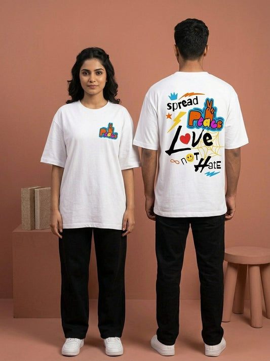 Spread Peace - White Round Neck Oversized Graphic T-shirt