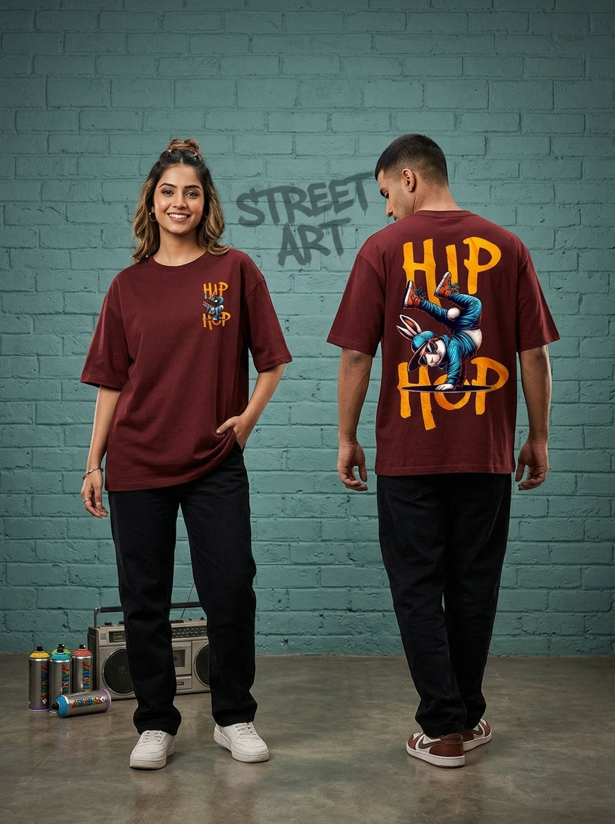 Hip Hop- Maroon Round Neck Oversized Graphic T-shirt