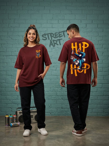Hip Hop- Maroon Round Neck Oversized Graphic T-shirt