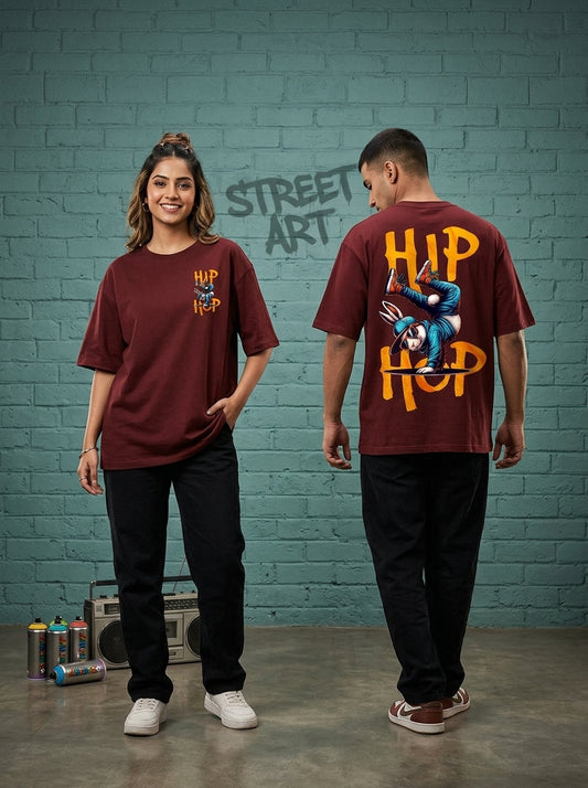Hip Hop- Maroon Round Neck Oversized Graphic T-shirt