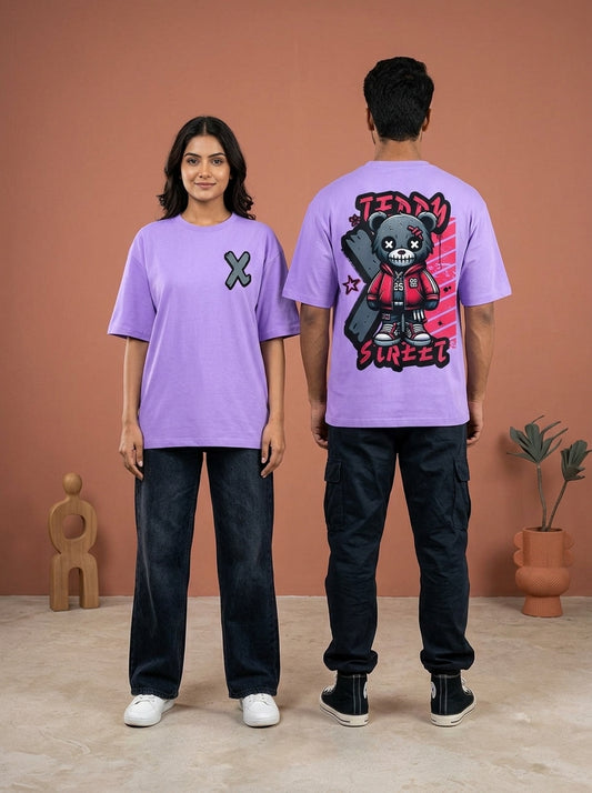 Teddy Street- Lavender Round Neck Oversized Graphic T-shirt