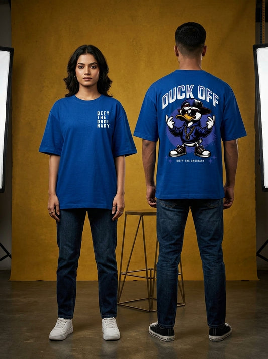 Duck Off - Royal Blue Round Neck Oversized Graphic T-shirt