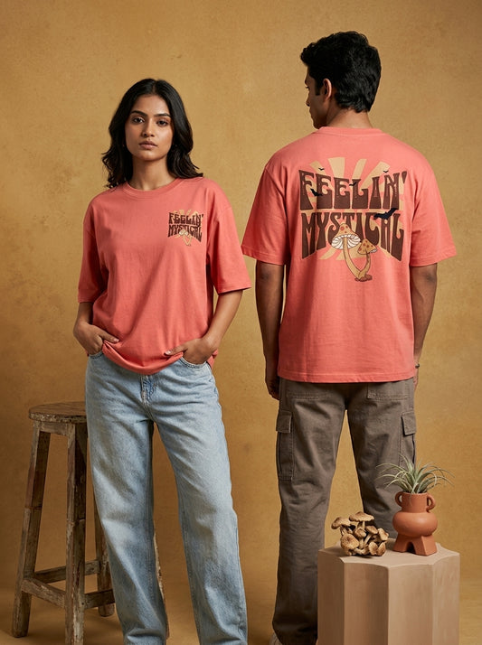 Feelin Mystical - Coral Round Neck Oversized Graphic T-shirt