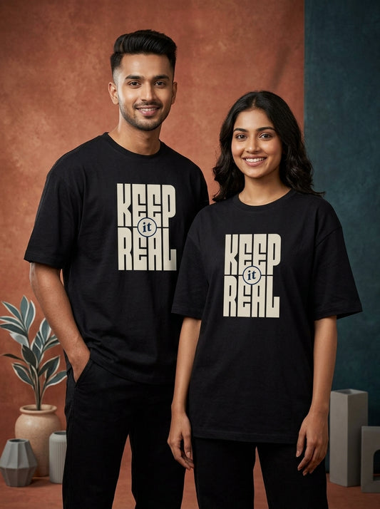 Keep It Real - Black Round Neck Oversized Graphic T-shirt