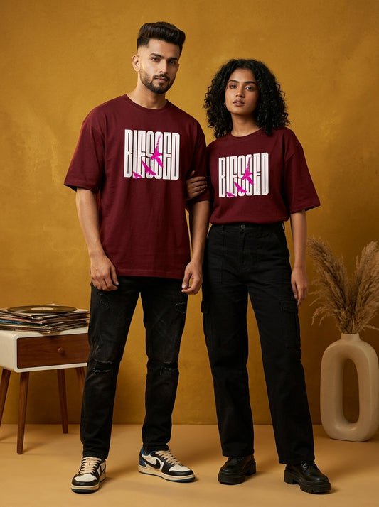 Blessed - Maroon Round Neck Oversized Graphic T-shirt