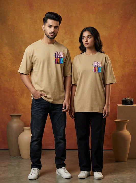 Feel Free - Beige Round Neck Oversized Graphic T-shirt