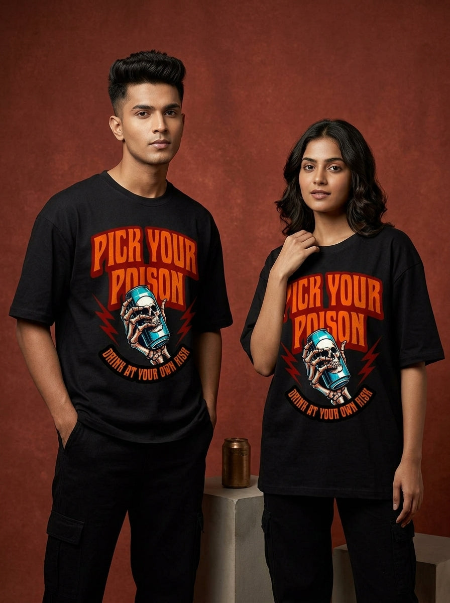 Pick Your Poison- Black Round Neck Oversized Graphic T-shirt