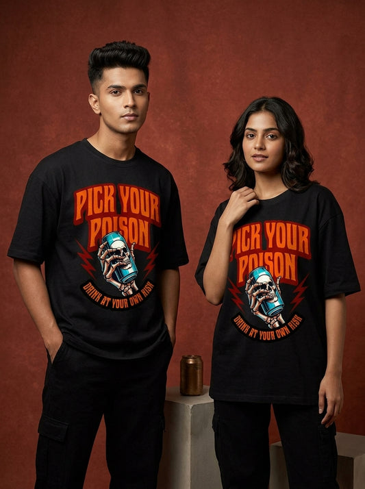 Pick Your Poison- Black Round Neck Oversized Graphic T-shirt
