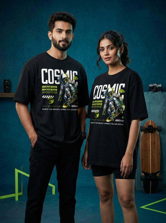 Cosmic Skater- Black Round Neck Oversized Graphic T-shirt
