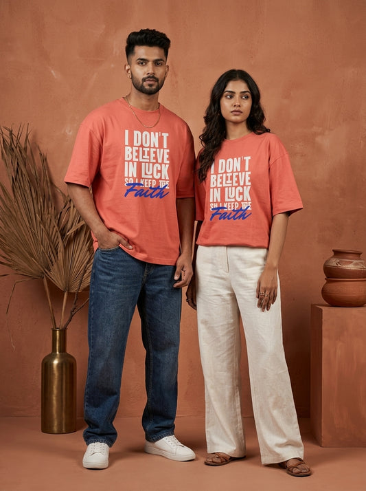 Keep The Faith - Coral Round Neck Oversized Graphic T-shirt