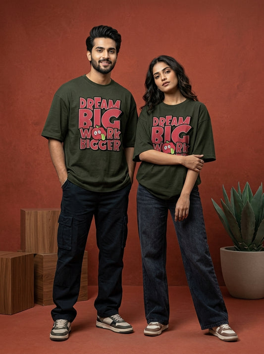 Dream Big- Olive Green Round Neck Oversized Graphic T-shirt