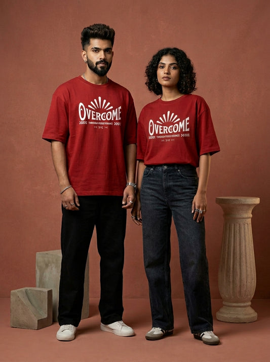 Overcome - Red Round Neck Oversized Graphic T-shirt