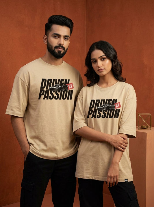 Driven By Passion - Beige Round Neck Oversized Graphic T-shirt