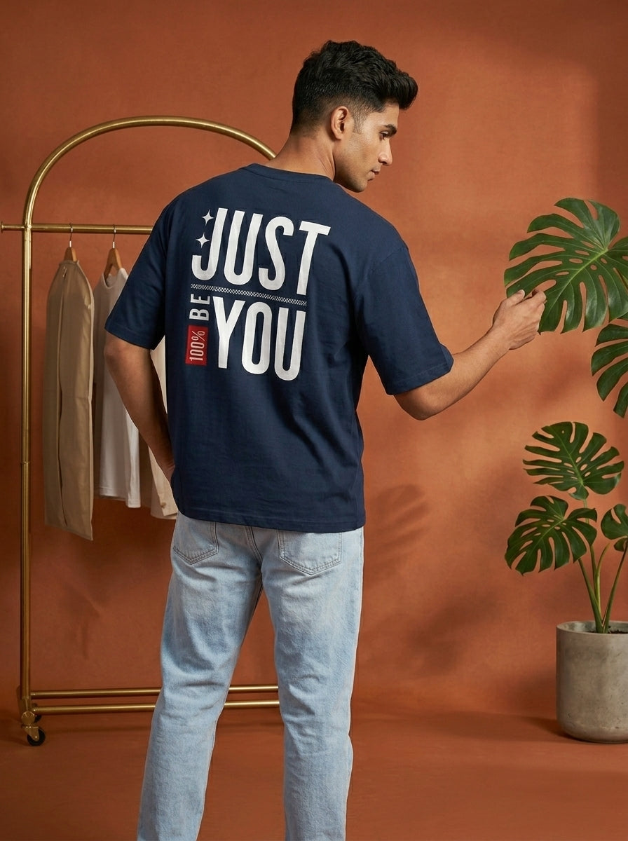 Just Be You - Navy Blue Round Neck Oversized Graphic T-shirt