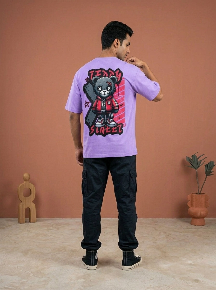 Teddy Street- Lavender Round Neck Oversized Graphic T-shirt