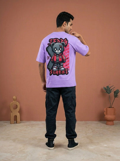 Teddy Street- Lavender Round Neck Oversized Graphic T-shirt