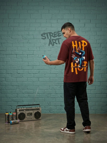 Hip Hop- Maroon Round Neck Oversized Graphic T-shirt