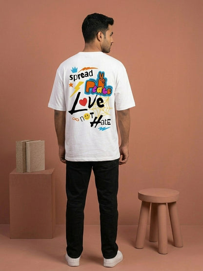 Spread Peace - White Round Neck Oversized Graphic T-shirt