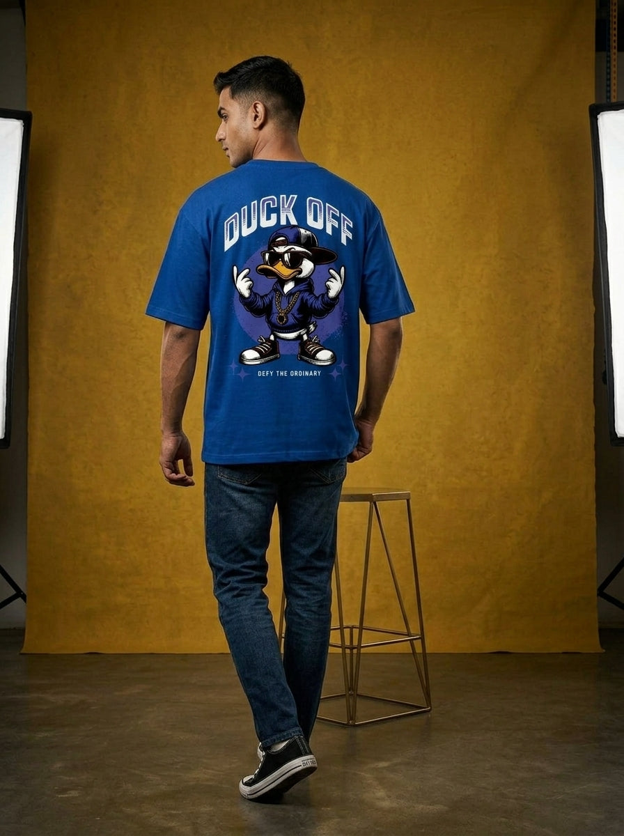 Duck Off - Royal Blue Round Neck Oversized Graphic T-shirt