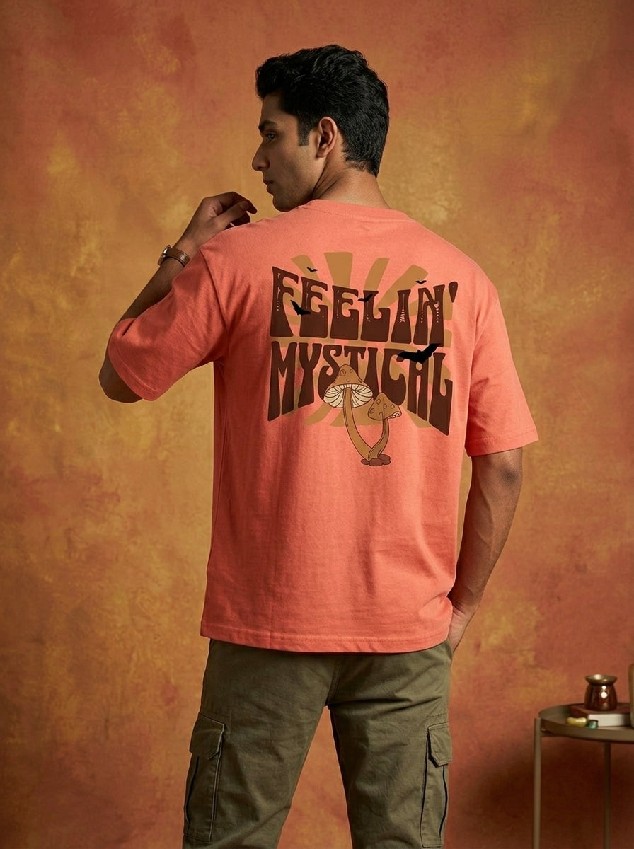 Feelin Mystical - Coral Round Neck Oversized Graphic T-shirt