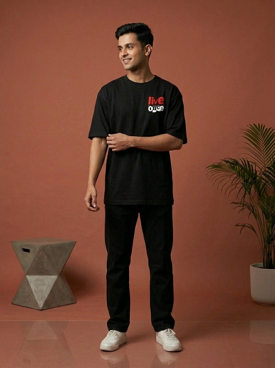 You Only Live Once- Black Round Neck Oversized Graphic T-shirt