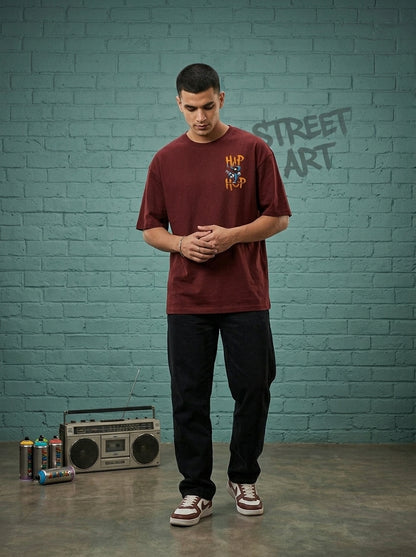 Hip Hop- Maroon Round Neck Oversized Graphic T-shirt