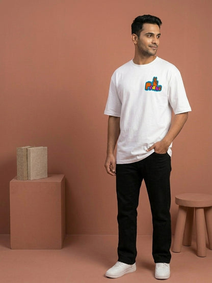 Spread Peace - White Round Neck Oversized Graphic T-shirt