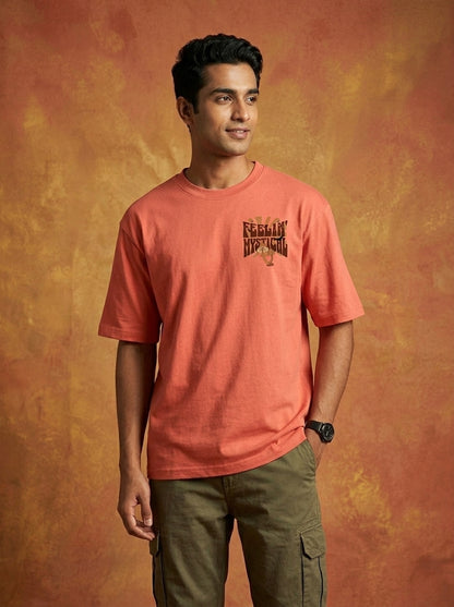 Feelin Mystical - Coral Round Neck Oversized Graphic T-shirt