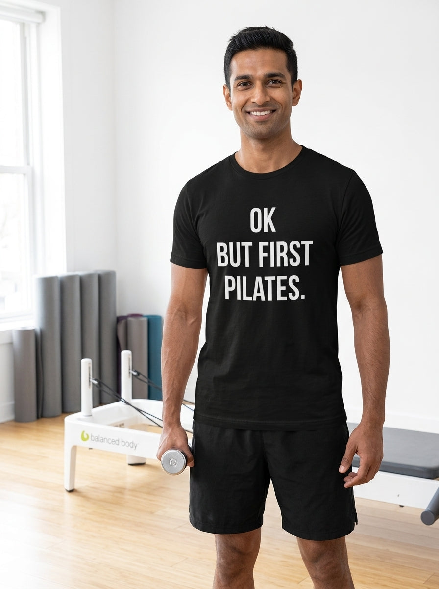 But First Pilates - Black Round Neck Pilates T-shirt